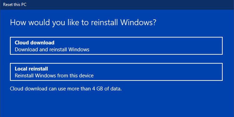 Restablecer esta PC Windows Local Reinstalar Opción de descarga en la nube