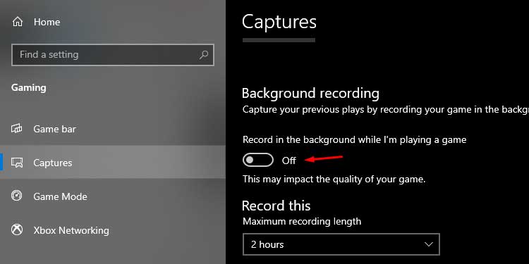 Configuración de grabación de fondo de captura de Windows
