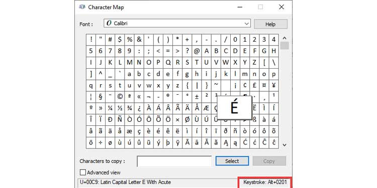 Pulsación de tecla del mapa de caracteres