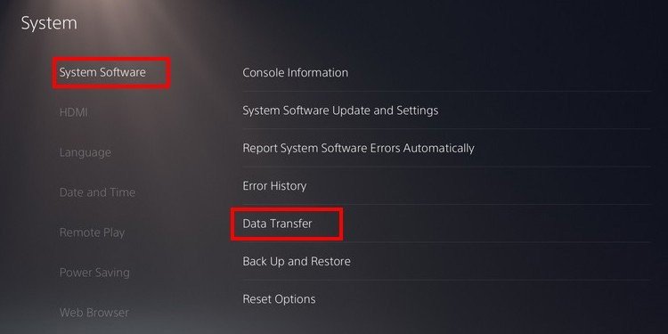 opción de transferencia de datos ps5 