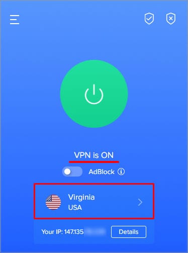 Seleccione la ubicación y active la VPN