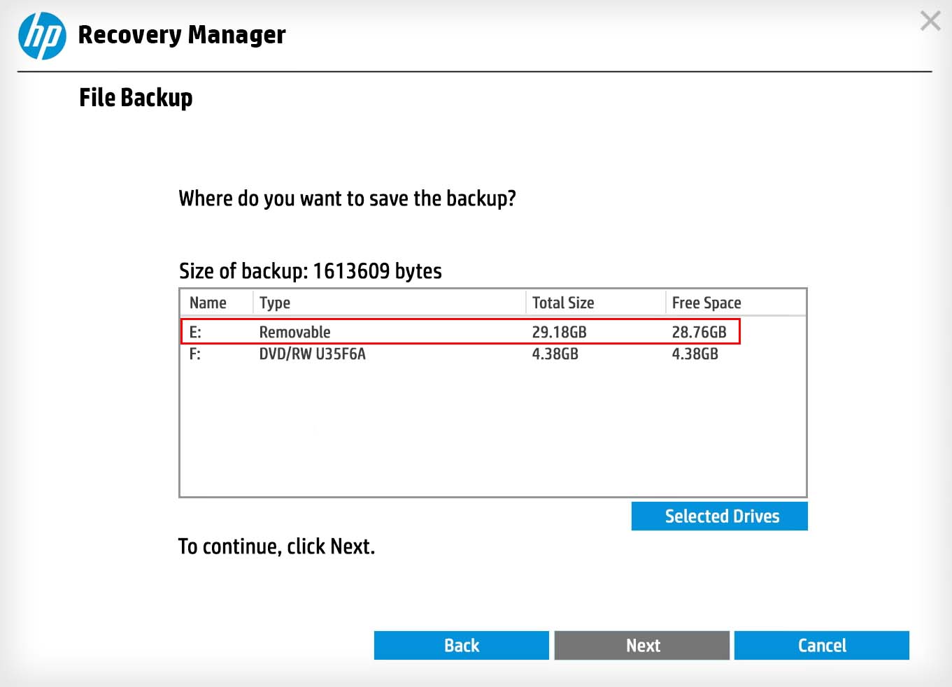 HP Recovery Manager selecciona medios extraíbles para la copia de seguridad