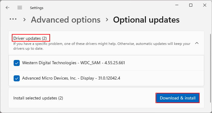 Instalar actualizaciones de controladores con actualizaciones opcionales de Windows 11
