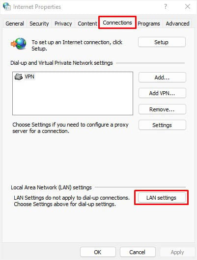 Configuración de LAN en la pestaña Conexiones