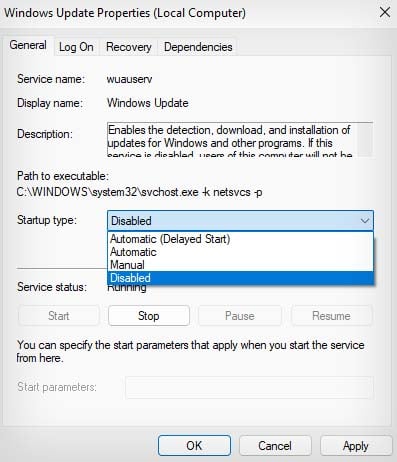 El servicio de actualización de Windows ha deshabilitado el inicio