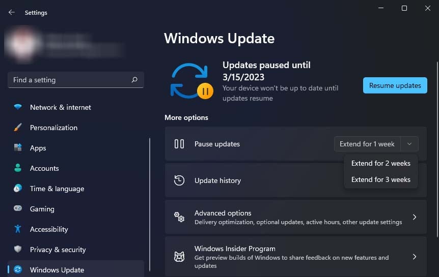 Actualización de Windows en pausa extendida