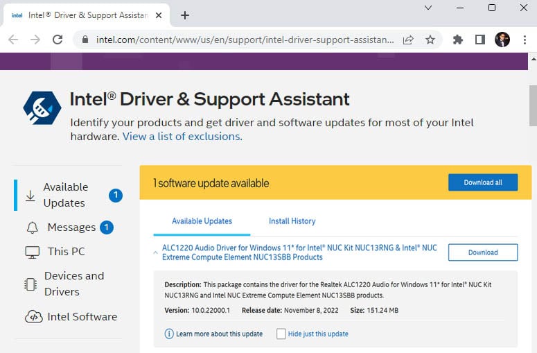 Descargue el controlador de audio en Intel Driver and Support Assistant