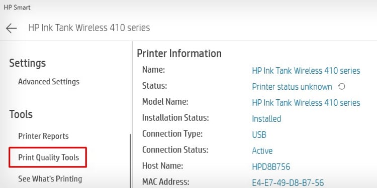 Herramientas de calidad de impresión en HP Smart