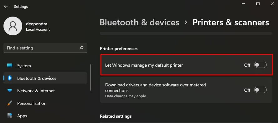 deshabilitar Permitir que Windows administre la impresora