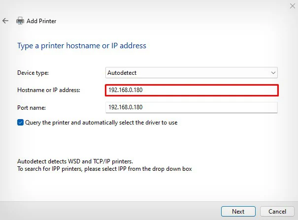 Introduzca la dirección IP en el asistente de configuración de la impresora
