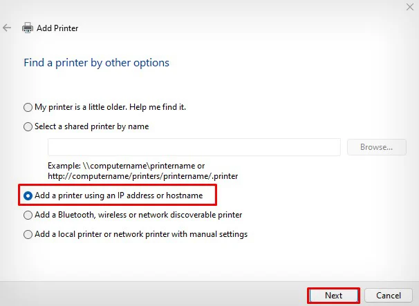 Opción impresora con dirección IP agregar a