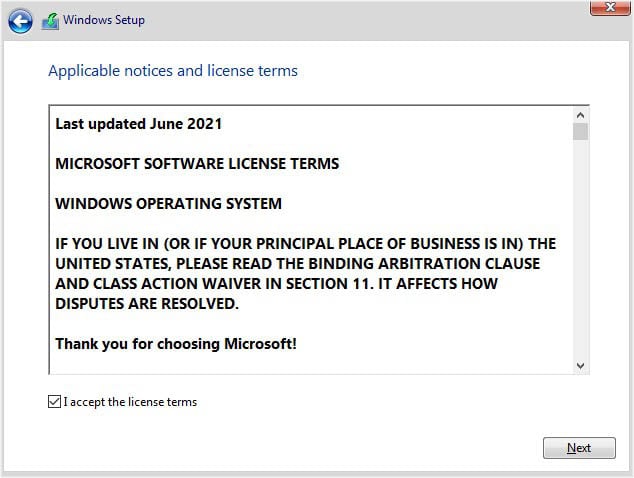 Aceptar los términos de la licencia de instalación de Windows