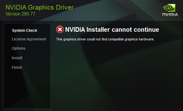 El instalador de nvidia no puede continuar con el controlador de gráficos, no se pudo encontrar el hardware de gráficos compatible