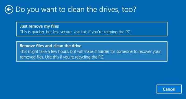clean drives prompt factory reset windows