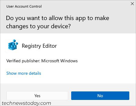 registry editor yes to provide admin access