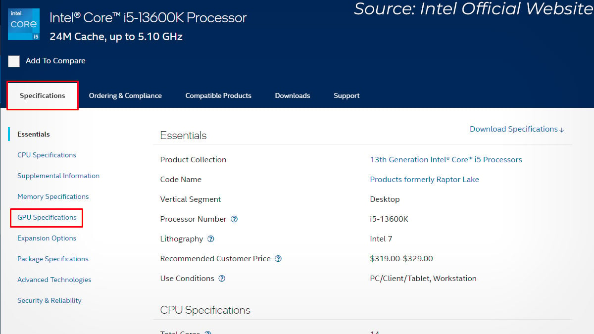 intel processor specification check